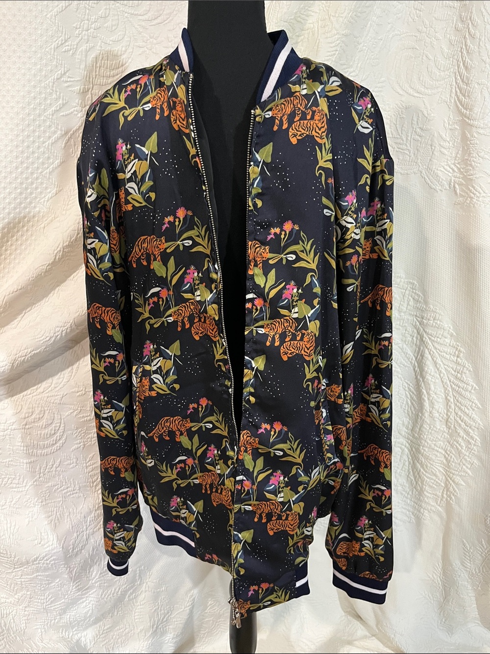 Evolet Tiger and Floral Bomber Jacket, size large‎